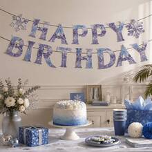 15Pcs Happy Birthday Banner, Purple Ice & Snowflake Themed Paper Garland, Frozen Inspired Party Decor For Indoor & Outdoor Celebrations, Winter Themed Events & Photo Booth Backdrops - View 4