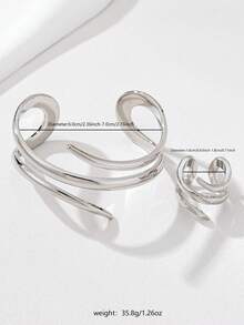 1 Set (1 pieza Pulsera de línea geométrica dorada y 1 pieza Anillo grueso de línea geométrica) - Plateado - Ver 6