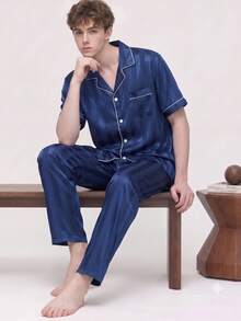 2pcs/Set Men's Pajamas Summer Short Sleeve Long Pants Satin Blue Striped Casual Comfortable Spring Autumn Wearable Fashion Home Loungewear Set - Blue - View 3