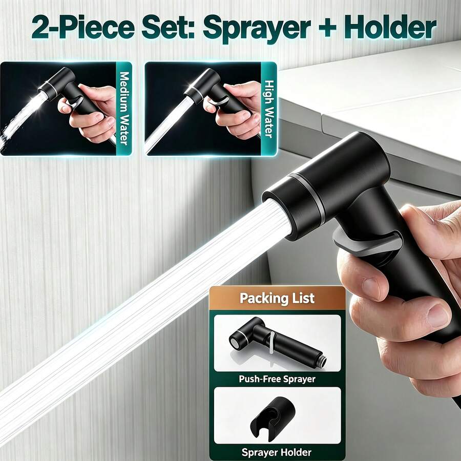 Gun Black Pressurized Handheld Bidet Sprayer With Fixed Bracket, Pressurized Water Flow, Matching Fixed Bracket For Convenient Storage, Flexible Water Flow Control, Easy Installation, Multi-Scenario Use For Toilet Cleaning, Feminine Wash, Floor Rinsing, Pet Bathing Px