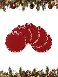 4pcs Red Christmas Linen Placemats, Red Bow Design, 38cm Diameter Round Table Mats, Holiday Party Table Decor, Holiday Tabletop Accessories, Home Kitchen Decoration, Merry Christmas Decoration - Christmas a - View 10