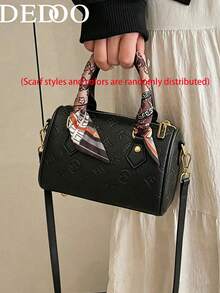 Dedoo Vintage Print Mini Cylinder Handbag, Scarf Decoration, Detachable Shoulder Strap, Women's Multi-Functional Shoulder Crossbody Bag (Scarf Style Color Randomly Shipped) - Black - View 11