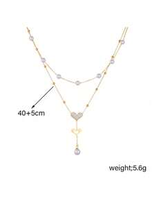 RAYQUEEN 1pc Fashion Double Layer Heart Pendant Pearl Stainless Steel Necklace, Sexy French Style Tassel Layered Choker Accessory For Women - Gold - View 6