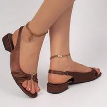 Women's French Roman-Style Open-Toe Slingback Sandals, Satin Ruched Backless Mid-Heel Chunky Heel Strap Sandals For College, Commute And Office, Summer New Style, Comfortable - Brown - View 4