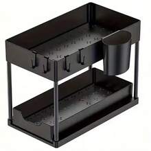 1pc Single Layer Pull-Out Storage Rack, Under Sink Drainage Storage Rack With Hooks, Kitchen Storage Drawer, Easy To Disassemble And Clean Storage Rack - Multiple Colors - View 4