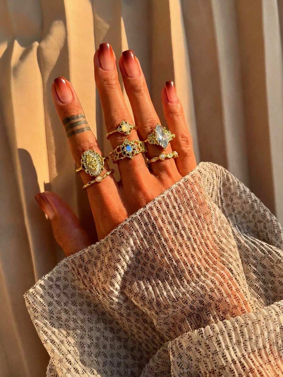 6件組復古時尚精緻奢華優雅水鑽戒指套組，女款日常佩戴婚禮度假派對珠寶 - 彩色 - 查看 1