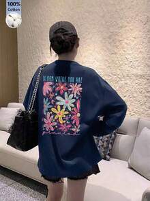 Women's Loose Fit Japanese Cat Print Long Sleeve T-Shirt, Versatile For Spring And Autumn Casual - Navy Blue - View 3