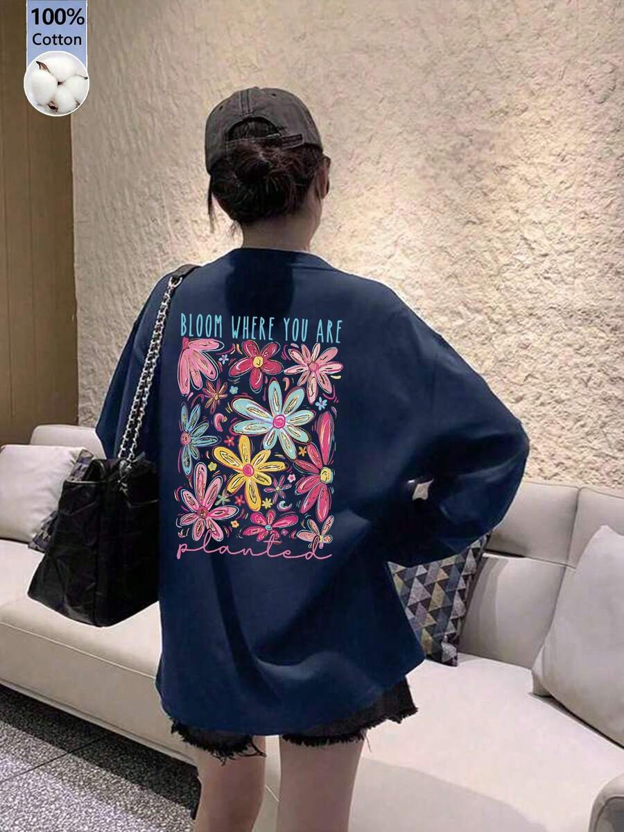 Women's Loose Fit Japanese Cat Print Long Sleeve T-Shirt, Versatile For Spring And Autumn Casual - Navy Blue - View 1