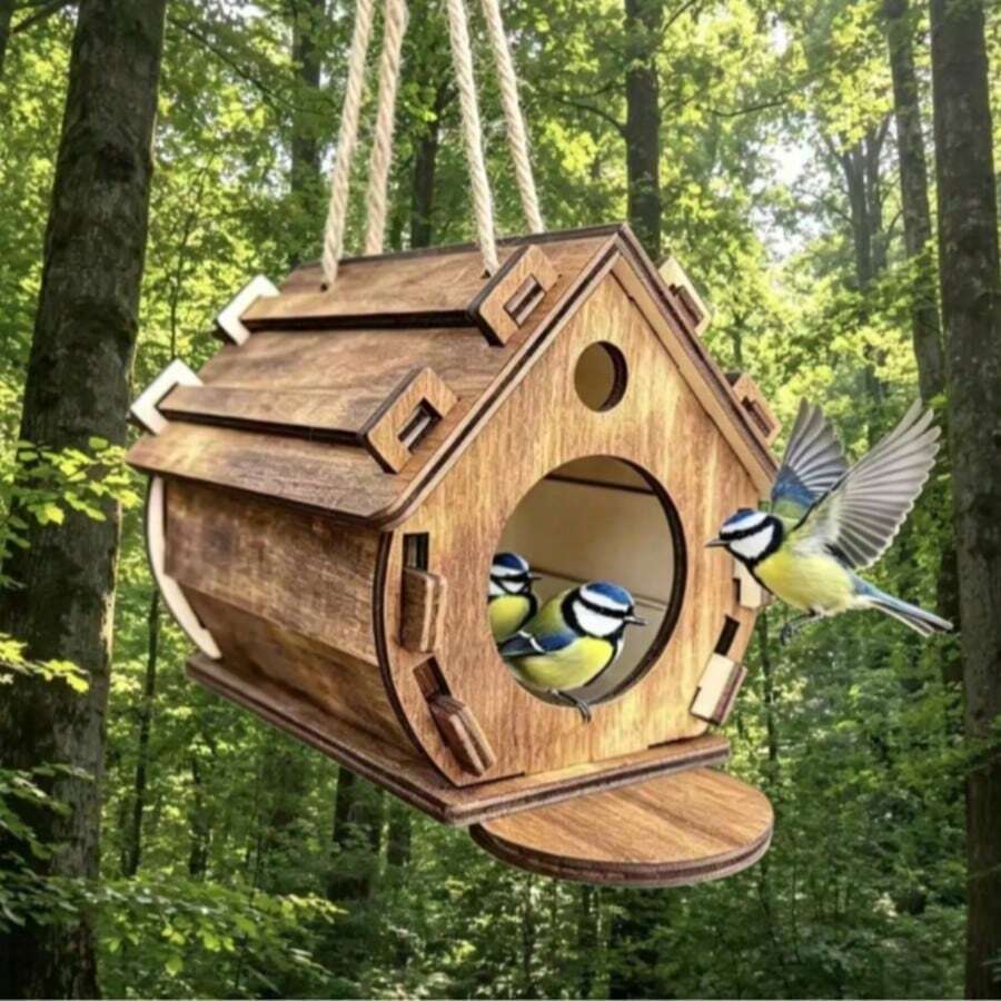 1pc Outdoor Hanging Parrot Breeding Box Landscape Decorative Bird Cage Wooden Bird House For Garden - A - View 1