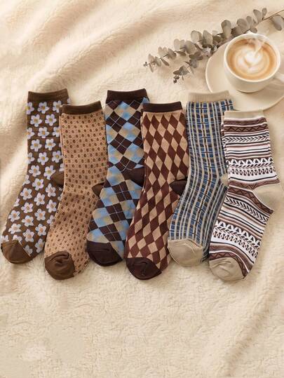 6 Pairs Women's New Autumn/Winter Retro Floral Print Mid-Calf Socks In Maillard Color Palette