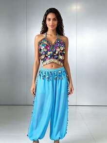 Professional Belly Dance Beaded Coin Fringe Halter Crop Top, Elastic Waist Dot Mesh Harem Pants For Dance Training, Cabaret Shows And Competitions - Multicolor - View 16