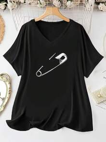 Autumn Outfit, Women's Plus Size V-Neck T-Shirt With Batwing Short Sleeves - Oversized Loose Fit Blouse, Fast Local Delivery - 黑色 - 查看 2