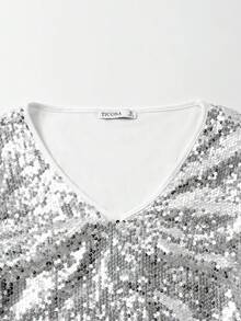 Women's Sequin Cropped Top, Long Sleeve V-Neck Design, Suitable For Party Shiny Blouse, Fashion Enthusiasts - Silver - View 5