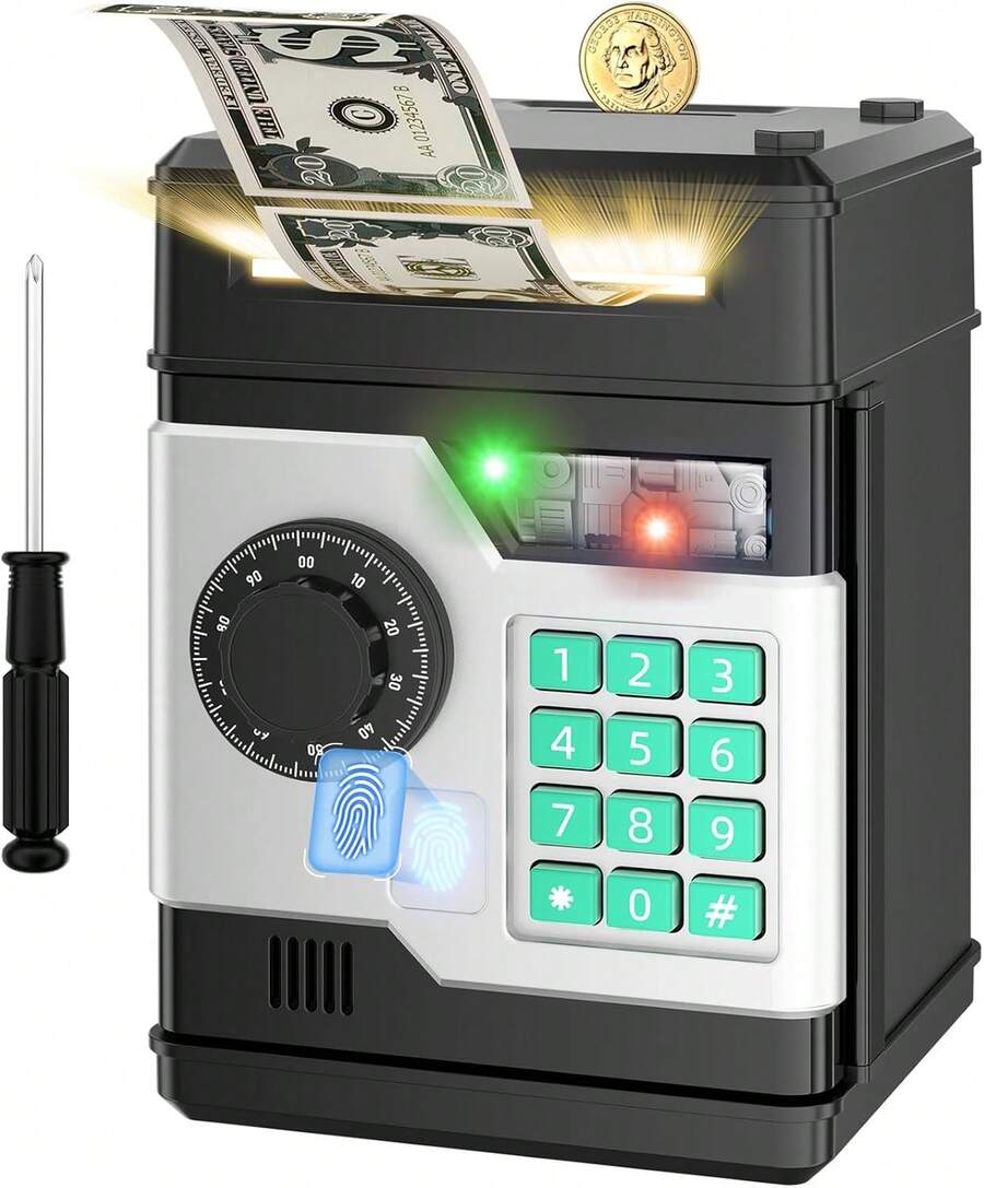 Automatic Electronic Piggy Bank Boys And Girls, Simulated Password & Fingerprint Dual Unlock Design, Large-Capacity Money Storage Toy, Educational Birthday Kids Aged 3-10, Classic Black Style