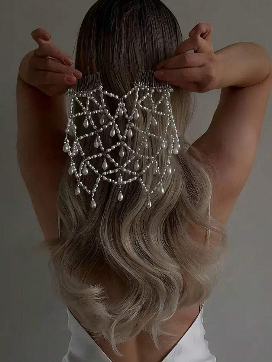A Mesh Pearl Hair Chain Fairy Teardrop Pendant Hair Comb Bride Wedding Accessories For Women Hair Chain - Silver - View 1