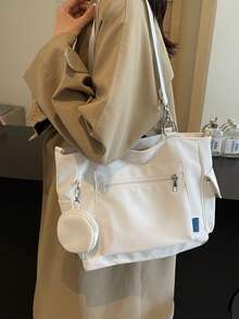 Dedoo 女款托特包，純色無印花，防水牛津布，多口袋附零錢包，大容量，學生日常使用休閒款 - 白色 - 查看 6