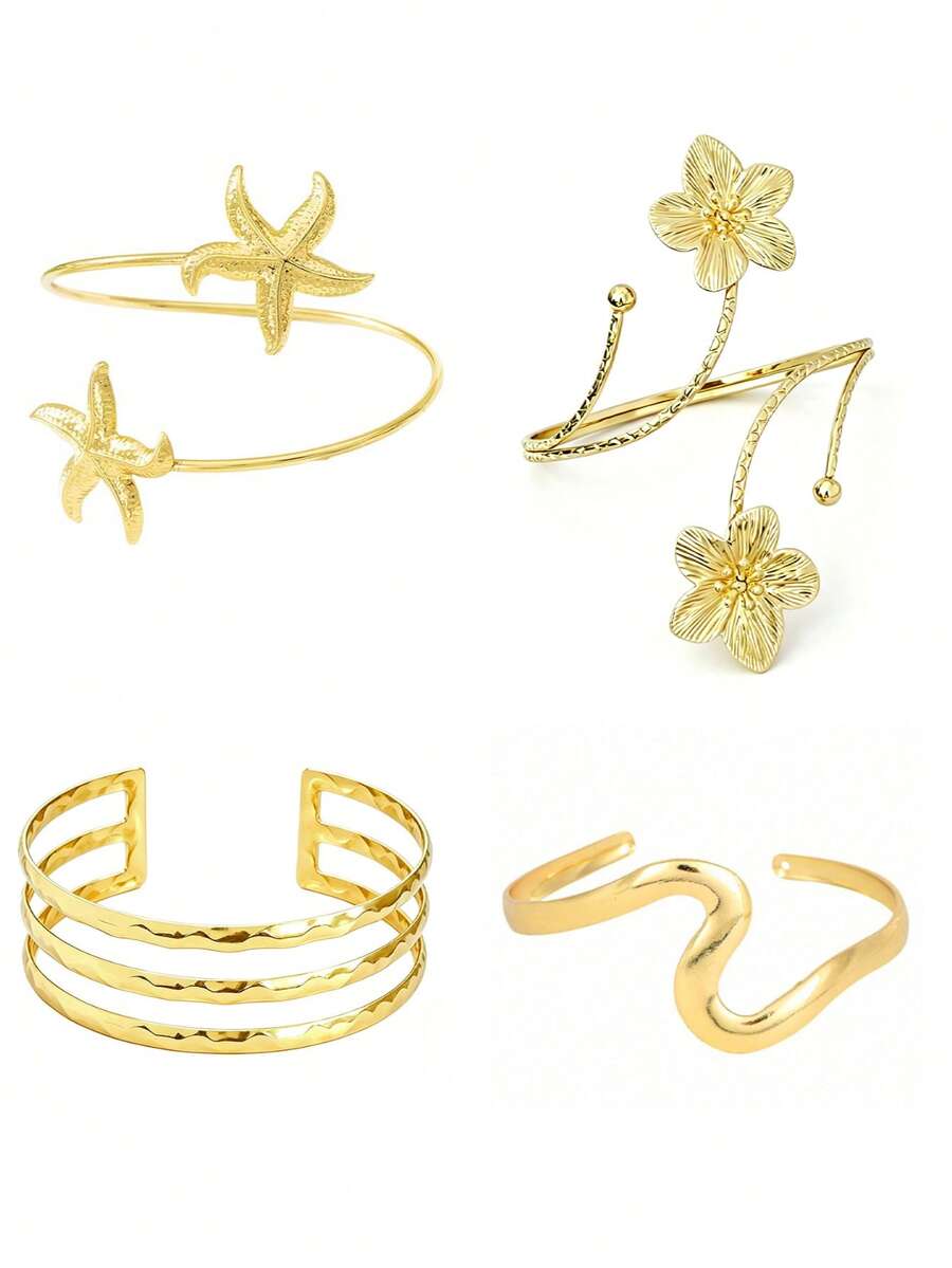 4pcs Women's Upper Arm Rings, Minimalist Style Arm Bracelets, Adjustable Coil Arm Rings - D006-2 - View 1