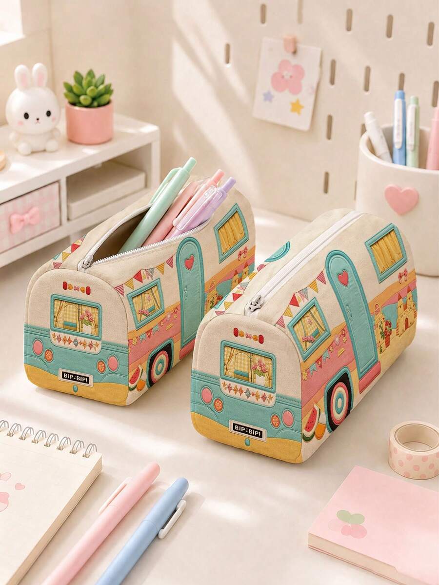 Campus Style Beach Bus Pattern Pencil Case/Stationery Storage Bag - Multi-Functional Large Capacity Design, Can Be Used To Store Office Supplies, Creative Multi-Functional Pencil Box Or Portable Travel Makeup Bag, Suitable For Students And Adults Daily Use, Meets Stationery Storage, Daily Organization, Overnight Travel, Vacation And Gym Storage Needs, Essential Dorm Room Item For Back To School (2D Pattern, Not Embroidered) - Multicolor - View 1