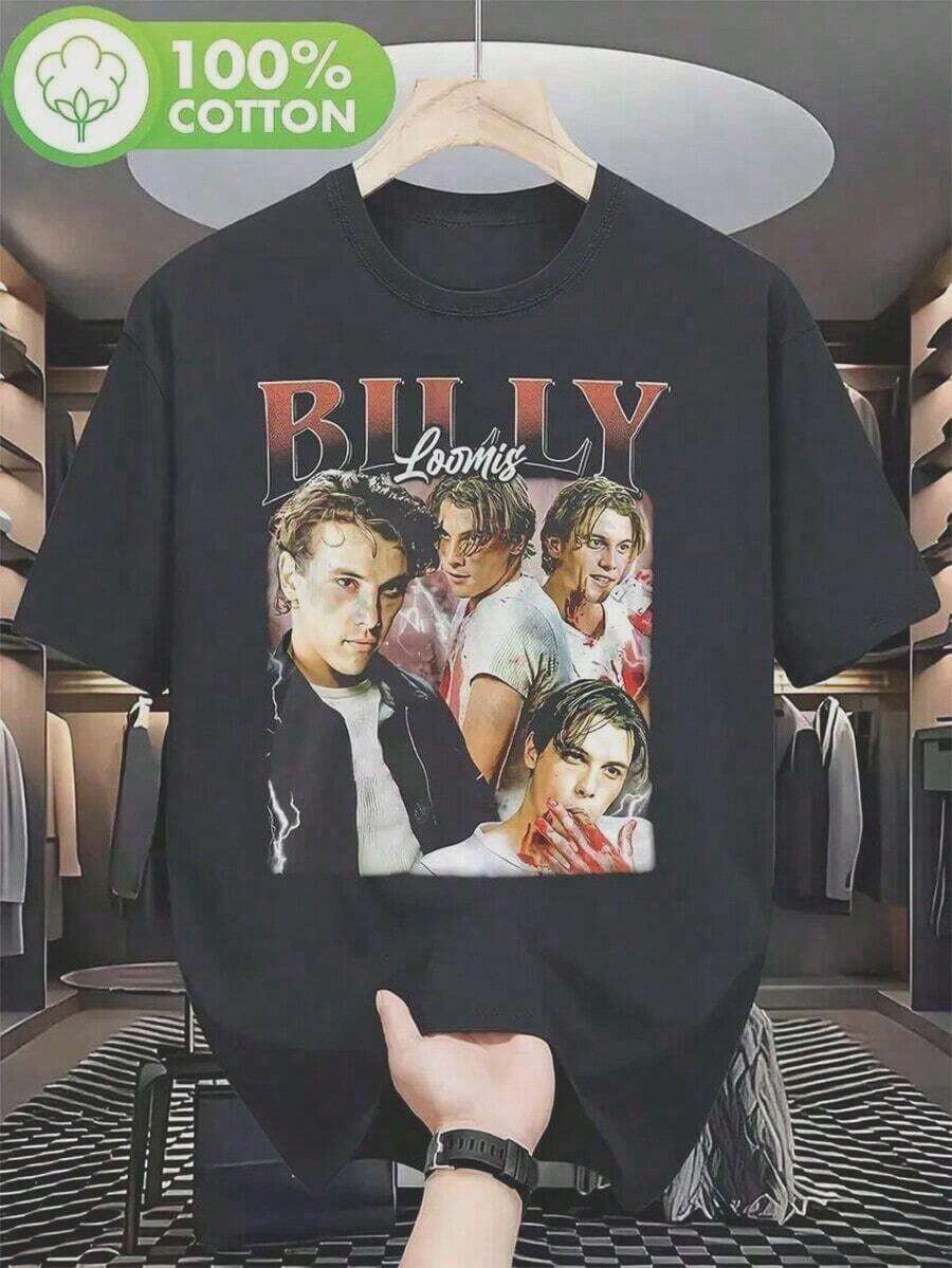 Camiseta de la película Scream de Billy Loomis - Camiseta de película de terror con gráfico de salpicaduras de sangre, disfraz - Camiseta ligera para Halloween, para fans del terror - Camise - Negro - Ver 1