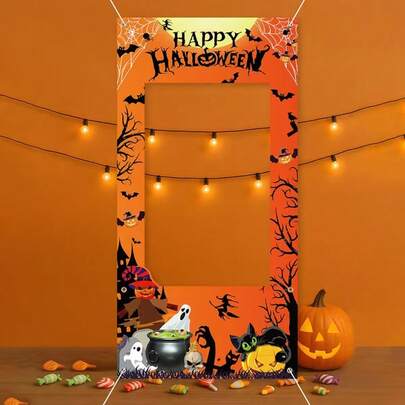1 khung ảnh trang trí 2D phẳng chủ đề Halloween, thiết kế ma cam, dơi và mèo, dùng trang trí tiệc Halloween, Ngày của những người chết, sinh nhật, tiệc tùng, trang trí trong nhà và ngoài trời, đạo cụ photobooth, trang trí phông nền sự kiện