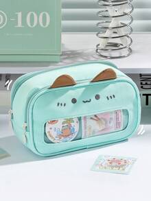 1pc Large Capacity Cat Pen Bag Pencil Case, Adorable Mint Kitten Design With Raised 3D Ear, Clear Visible Front Can Display Pins, Badges And Small Cute Ornaments Freely, School Stationery Pouch For Students, Back To School - Multi Colors - View 3