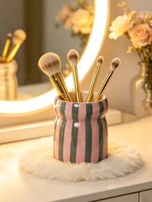 1 INS-Style Hand-Painted Two-Tone Striped Plastic Storage Tube, Cosmetic Organizer, Makeup Brush Holder, Eyebrow Pencil, Eyeliner, Lipstick Storage Box, Desktop Decoration, Holiday Gift For Family And Friends - A - View 4