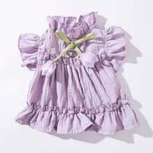 Light Purple Frill Trim Pet Harness Dress With Leash Buckle, Bow And Small Flower, Breathable Thin Outfit For Small Dogs, Bichon, Teddy - Purple - View 14