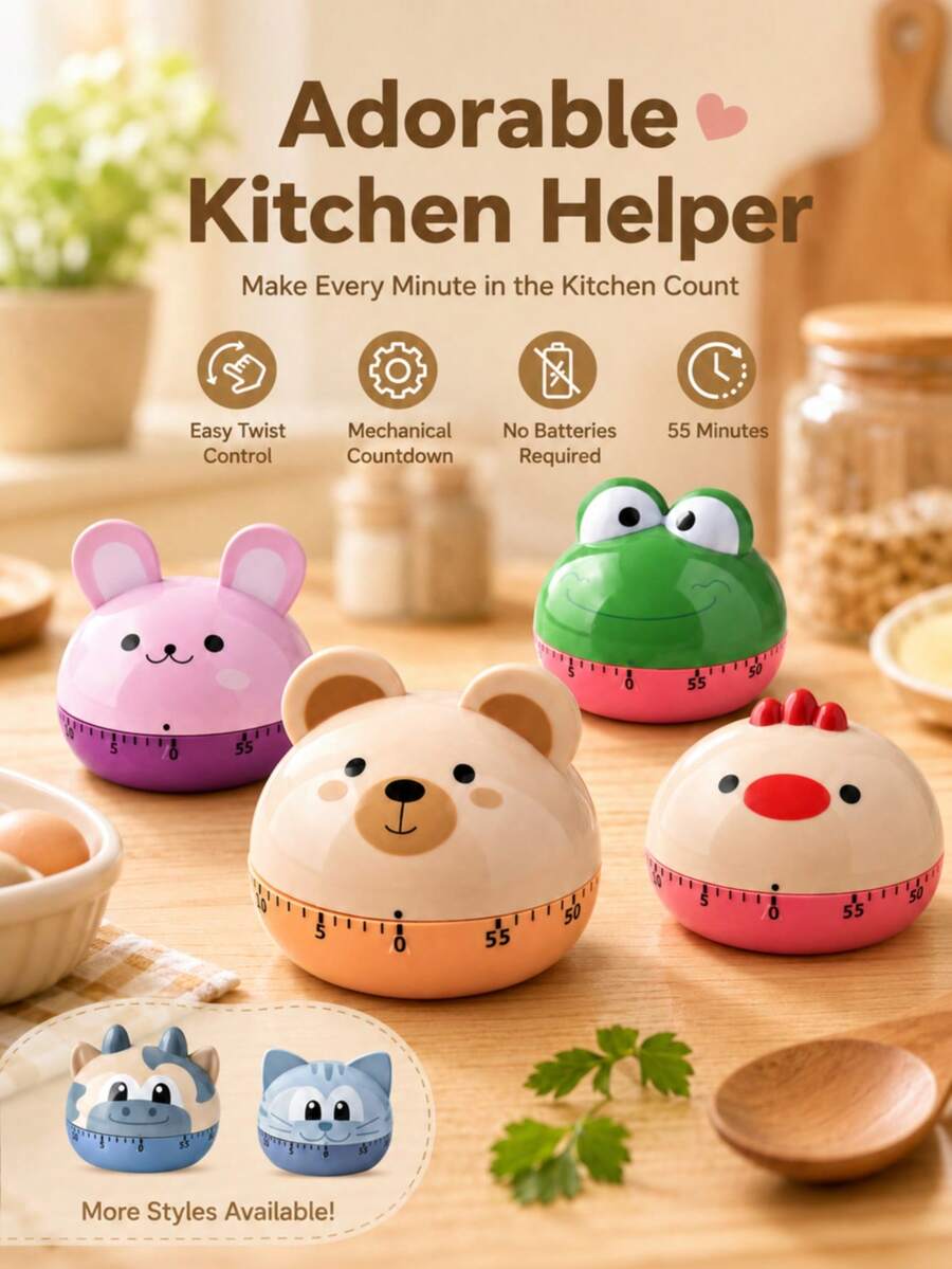 1pc Mechanical Kitchen Timer, No Battery, Colorful Animal Face Design And Dome-Shaped Body. Manually Rotatable ABS Timer Has A 55-Minute Countdown Function, Making It Ideal For Use In The Kitchen, For Studying, And For Back-To-School Season. - Multicolor - View 1