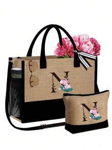 Women's Beach Tote Bag With Shoulder Strap, Pink Peony Flower A-Z Letter Print Tote Bag, Comes With Shoulder Strap And Makeup Bag; Vacation Beach Commute Shopping Bag, Gift Bag With Side Pockets, Large Capacity Handbag, Can Hold Books, Cosmetics, Parasol, Suitable For Daily Commute, Travel, Picnic, Camping, Students, Large Capacity Laptop Tote Bag, Student Commute Canvas Bag, Back To School Gift, Teacher's Day Gift - Multicolor - View 25