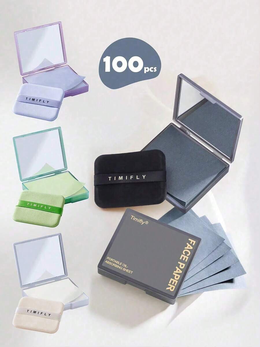 500/200/100片可攜式吸油紙，適合油性肌膚，3合1附鏡設計，輕巧易攜，完美適合日常使用，美容護膚、自我照護、面部護理與隨時隨地控油必備