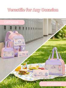 Juego de 3 piezas de mochila de campus con estampado de conejo de moda, diseño de puerta de refrigerador, portavasos lateral, regalo de vuelta a la escuela - Multicolor - Ver 8