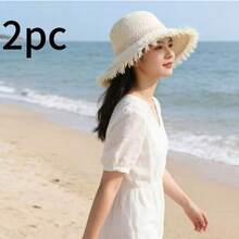 1pc Women's Straw Hat, Spring/Summer Beach Seaside Travel Sun Protection Vacation Wide Brim Sun Hat, Bohemian Style - Beige - View 5