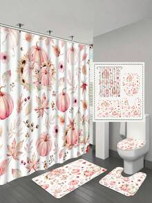 1/4pcs Thanksgiving Autumn Harvest Pink Maple Leaf Pumpkin Shower Curtain Set, With 12 Hooks Waterproof Polyester Shower Curtain, Bathroom Curtain, Privacy, Thickened, Durable Quick Dry - A - View 14