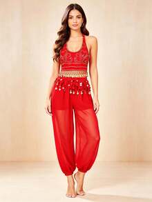 Professional Belly Dance Rhinestone Fringe Halter Crop Top, Elastic Waist Dot Mesh Harem Pants For Dance Training, Gala Shows And Competitions - Multicolor - View 8