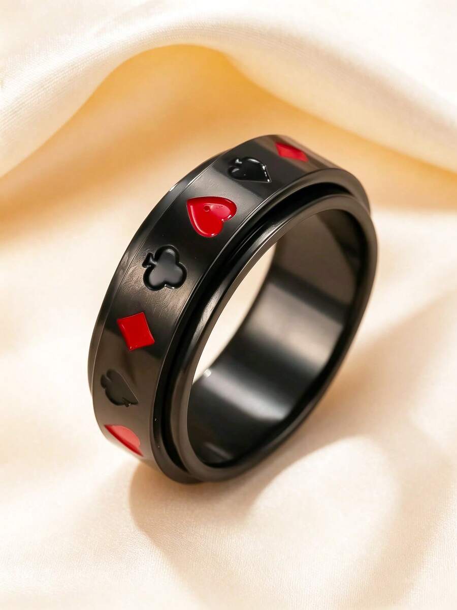 1 件减压扑克图案不锈钢黑色可旋转戒指,适合男女,日常佩戴,情人节礼物 - 黑色 - 查看 1