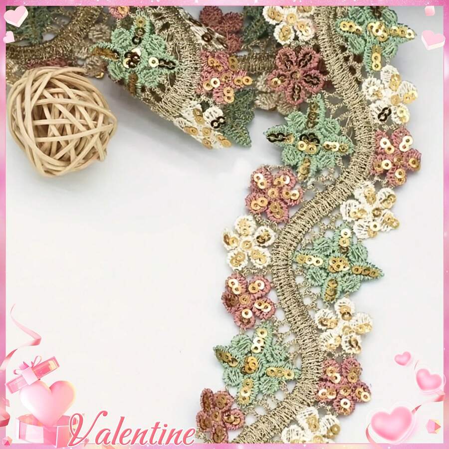 1/5" 金色亮片蕾絲飾邊刺繡花卉蕾絲緞帶 波浪金屬編織邊 多色花卉貼花,適用於縫紉手工、婚紗禮服裝飾、衣飾飾邊、DIY拼接派對裝飾、家用紡織面料 - 粉色 - 查看 1