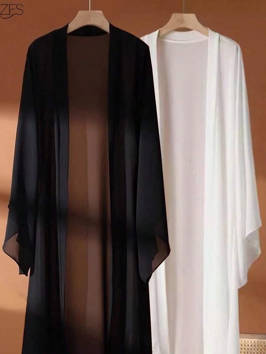 2pcs Women's Bohemian Style Black Chiffon Belted Long Sleeve Outerwear Set, Paired With Flowing Poncho - Lightweight, Non-Stretch Fabric, Suitable For Spring And Autumn Elegant - Black - View 1