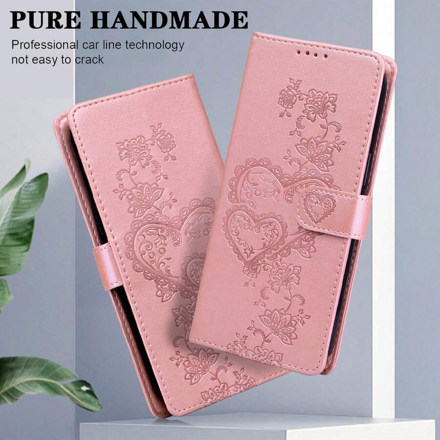 GLANDOTU Funda de teléfono de cuero PU con relieve, diseño de billetera con ranura para tarjeta, apta para múltiples marcas y modelos de teléfono, impermeable, a prueba de golpes, a prueba de caídas, a prueba de arañazos, protección de cobertura completa - Rosa - Ver 1