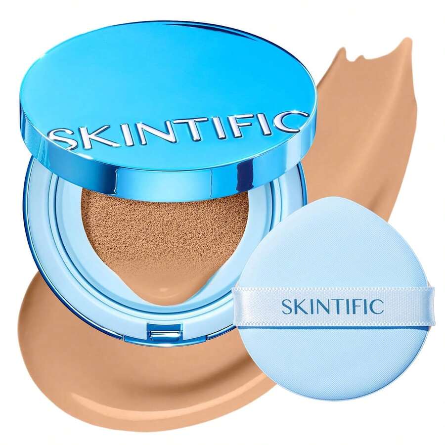 SKINTIFIC 藍色絲絨霧面氣墊粉底，全遮瑕，12小時控油，適合油性與混合肌膚，防水，持久，輕盈，保濕，不暈染
