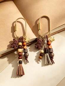Bohemian Beaded Bag Charm, Vintage Beaded Keychain, Cute Bear & Star Pendant, Tassel Bag Charm, Brown Tone Bag Accessory, Neutral Style Wallet Charm, Handbag Accessory, Suitable For Keys, Wallets, Handbags, Fashionista Essential, Gift For Women, Lovers, Family, Friends, Unique Birthday Gift, Holiday Gift, Party Gift, Travel Gift - Multicolor - View 3