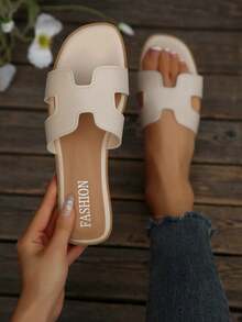 Women's H-Strap Flat Sandals, Square Toe Non-Slip Casual Slippers, Summer Beach Vacation Essential, Western Wedding Style, Solid Color Bohemian - Beige - View 5