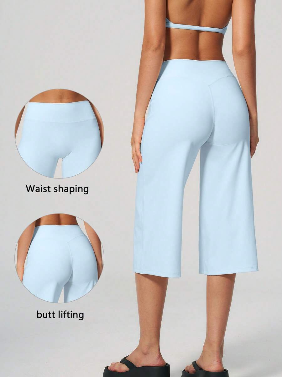 TimeOff Women's 1pc Solid Color Tummy Control Wide Leg Mid-Length Sports Pants - Baby Blue - View 1