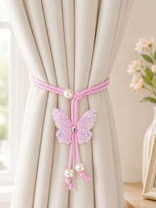 2pcs Pink Butterfly Curtain Tiebacks, Pearl Decorated, Adjustable Decorative Rope Curtain Clips, Suitable For Home Curtains, Bedroom, Nursery And Living Room Window Decoration - Multicolor - View 3