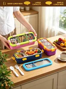 Kotak Bekal Bento Minimalis dari Baja Tahan Karat 304 dengan Kompartemen, Garpu dan Sendok, Kotak Makan Siang untuk Microwave - MultiWarna - View 12