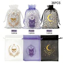 36 Halloween Gift Bags - Made Of Organza Material With Drawstring Design; Patterns Include Vintage Gothic Skulls & Roses, Mysterious Black Cats And Starry Bats; Perfect For "Trick Or Treat" Events, Party Favors, Jewelry & Crystal Packaging And Storage - Multicolor - View 11