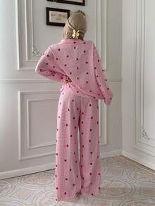 2-Piece Women's Loose, Comfortable, Breathable Long-Sleeved Shirt + Pants Cute Pajama Set - Hot Pink - View 6