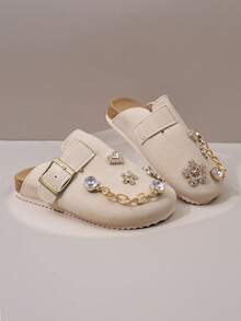 1 Pair Girls' Beige Faux Rhinestone + Heart Flower + Metal Chain Decor Non-Slip Wear-Resistant Soft Sole Closed-Toe Low-Top Buckle Flat Retro Casual Mule Shoes Spring/Summer School / Home / Outdoor Versatile - Beige - View 2