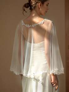 Handmade Pearl Beaded Mesh Shawl, Lightweight Sheer Short Cape, Bridal Dress Cover-Up, Fairy-Like Outer Layer Bolero - Multicolor - View 8
