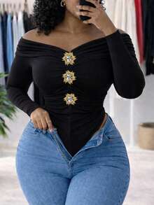 ChicMe Women's Foldover Off Shoulder Rhinestone Button Ruched Long Sleeve Bodysuit Slim Fit Solid Color Club Party Top - Black - View 3