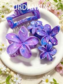 FURDANXINYI 3pcs Marble Flower Hair Clip Set, Asymmetrical Random Texture Flower And Rectangular Hair Clips, Non-Slip Large Size Women Hair Accessories, Essential For Summer Daily Styling - Multicolor - View 13